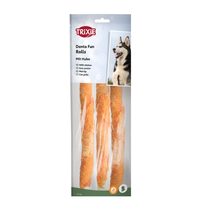 TRIXIE Denta Fun skanėstai šunims, kramtomi vištienos suktinukai 250 g naujas pakuotės dizainas