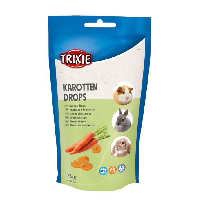 TRIXIE Morkų lašeliai triušiams ir smukliems graužikams, 75 g (pak.12) produkto išvaizda