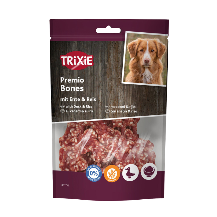 TRIXIE PREMIO Ryžių ir antienos kauliukai, 80 g nauja produkto pakuotės išvaizda