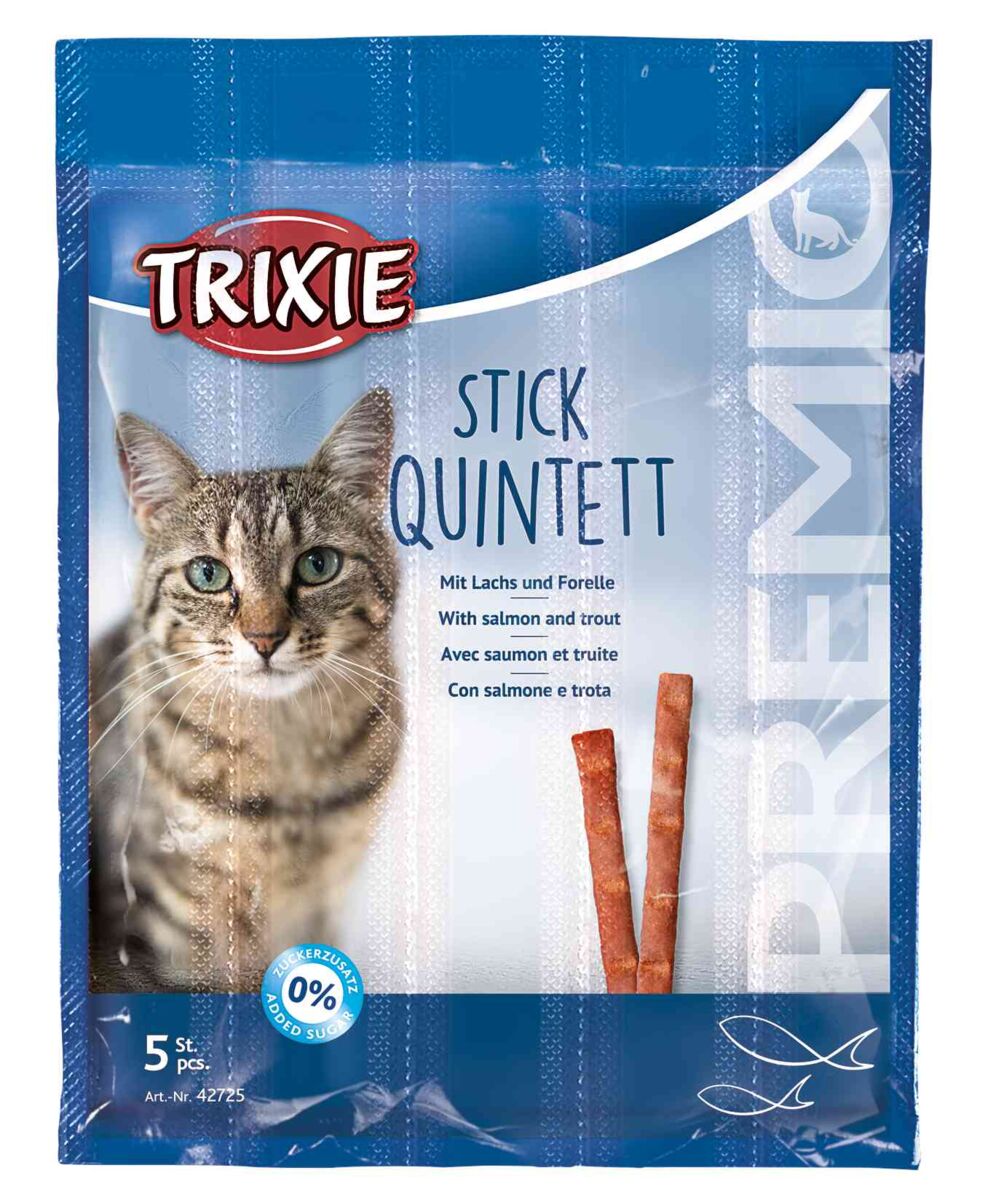 TRIXIE  PREMIO Stick Quintett, salmon-trout, skanėstas katėms 5x5 g nauja pakuotė