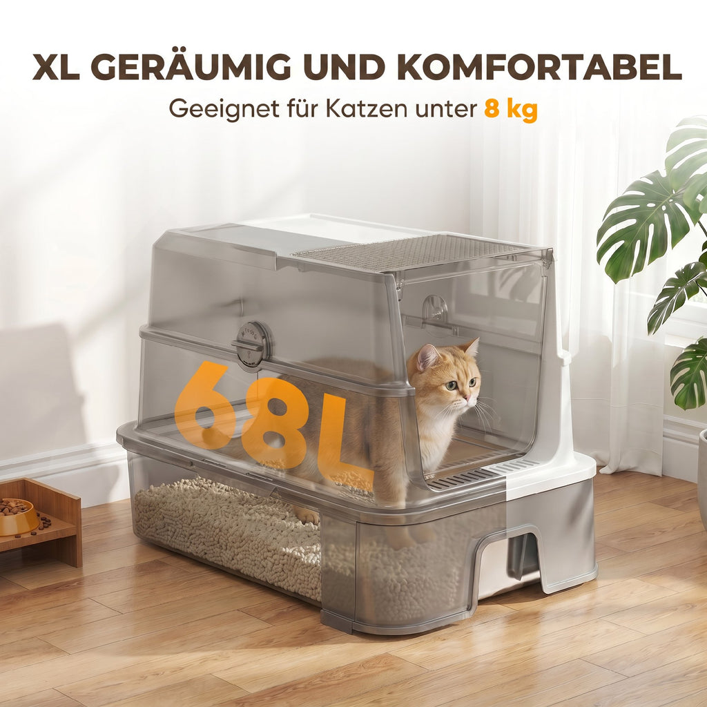 Uždaras kačių tualetas XL iš nerūdijančio plieno, 68 l, su ištraukiamu padėklu, iki 8 kg, 60x40x45 cm, pilkas