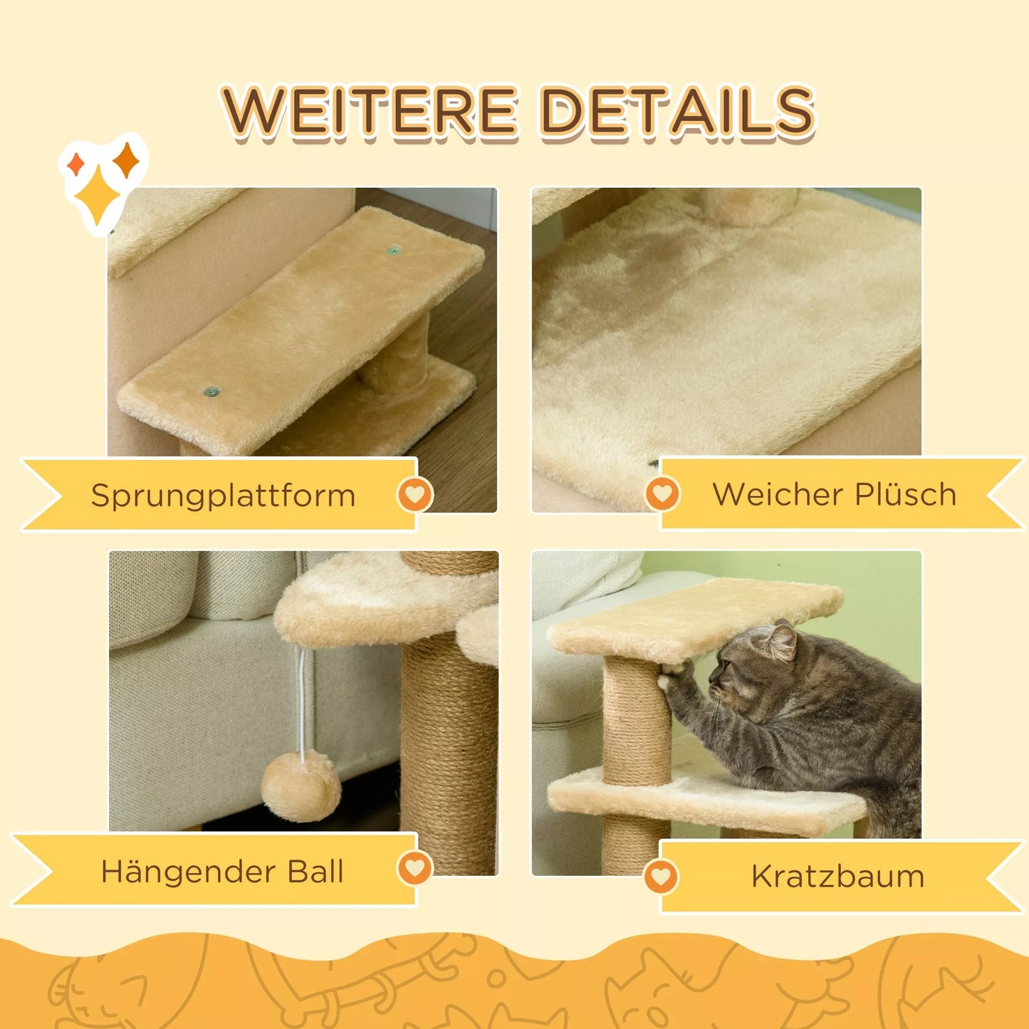 Laipteliai naminiams gyvūnėliams, draskyklė, 4 pakopos, su žaisliuku, namelis, reguliuojamo aukščio, 60 x 40 x 66 cm, smėlio spalvos