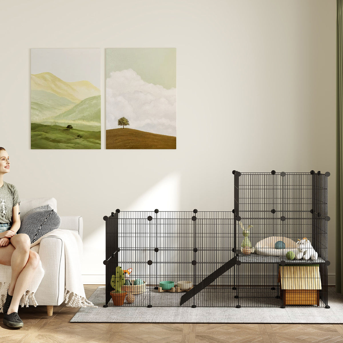 Aptvaras nykštukiniams triušiams ir jūrų kiaulytėms iš 39 plokščių, 2 aukštų su rampa, 140x70x105 cm, juodas