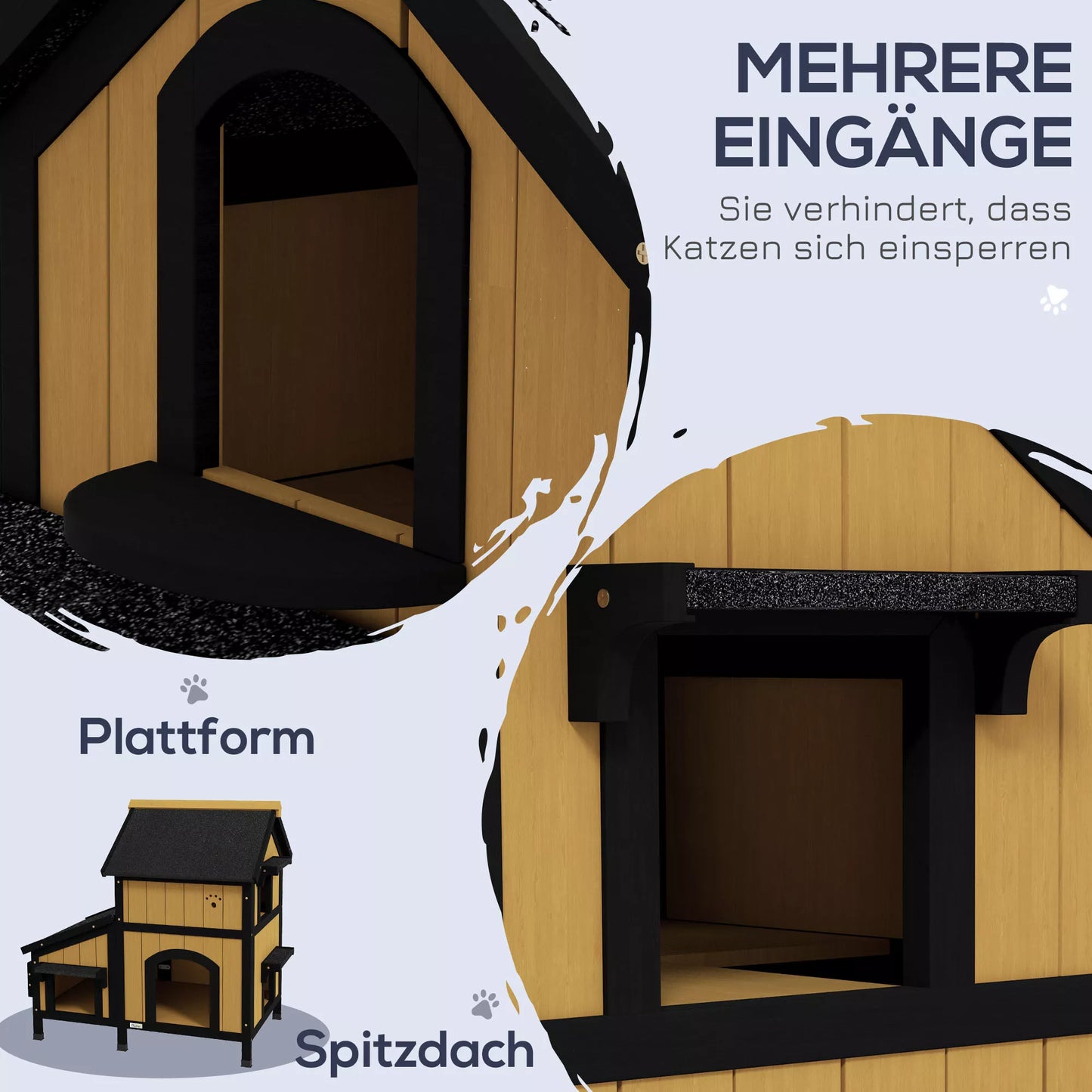 PawHut Katės namelis, katės būdelė, katės guolis, su gėlyne, 96 cm x 65 cm x 85,5 cm, geltonos + baltos + juodos spalvos