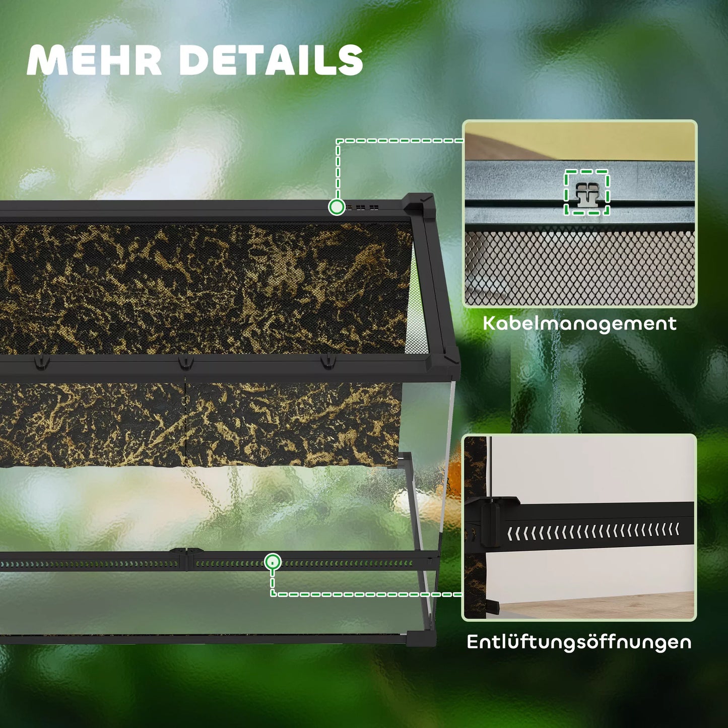 Terariumas ropliams Stiklinis terariumas 48 l su priekine ventiliacija Akmens galinė siena Sukamasis užraktas 50 x 30 x 35 cm Juodas