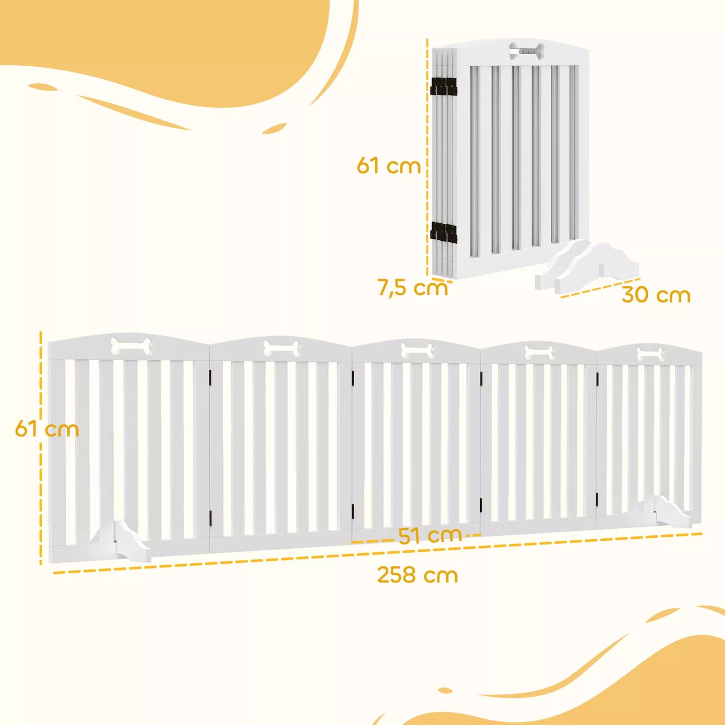 Laisvai stovinti šunų grotelė su atraminėmis kojomis, skirta durų rėmams, koridoriui, laiptams, 258 x 30 x 61 cm, balta