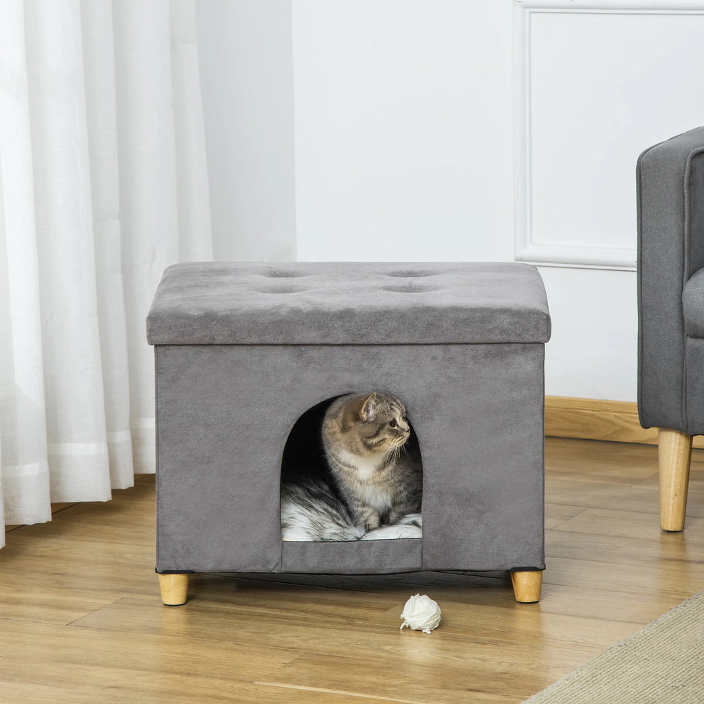 2-IN-1 kačių urvas pufas su pagalvėle medinės kojos kačių namelis kačių krepšys minkštas paminkštintas ottomanas elegantiškas dizainas nuimamas MDF pliušas pilkas 60 x 45 x 44,5 cm