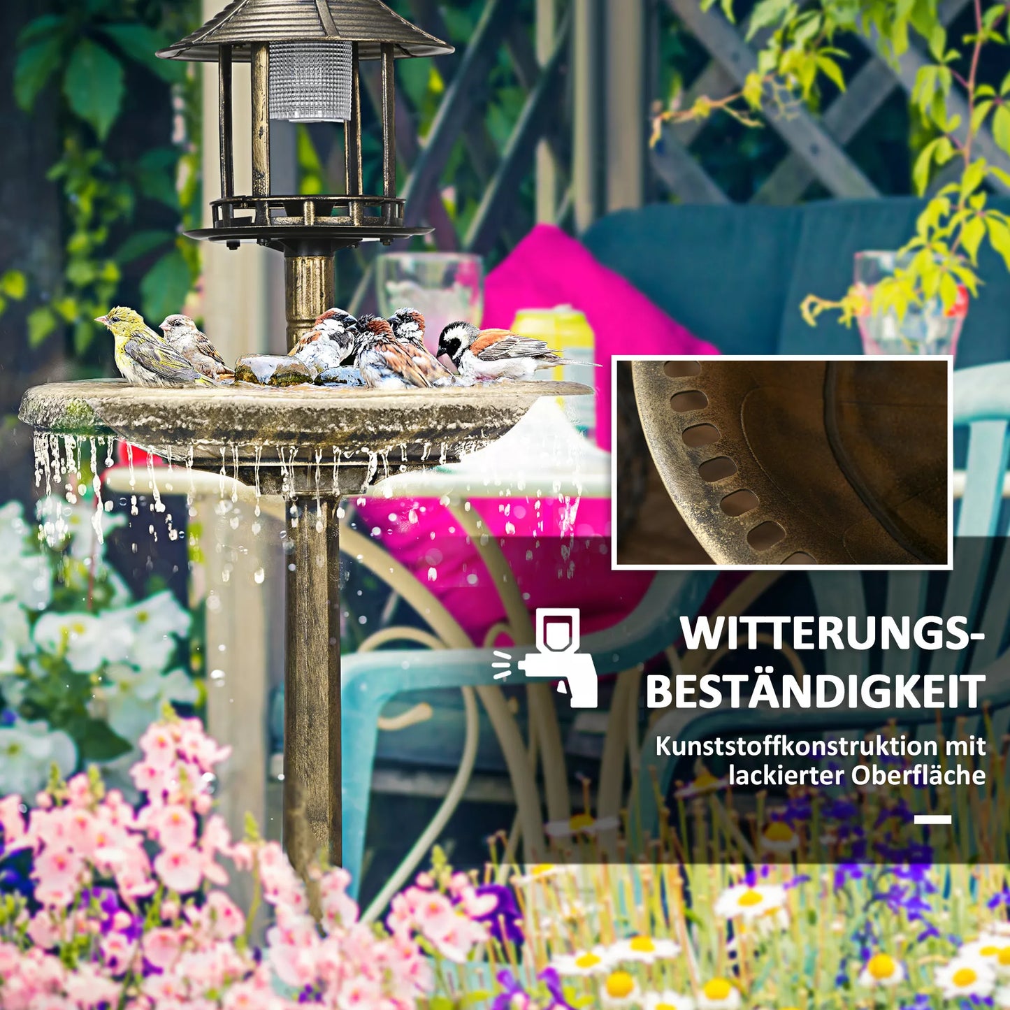 Paukščių girdykla Paukščių namelis Lesyklė, atspari oro sąlygoms, 2 dubenėliai, vintage dizainas, 50 x 50 x 110 cm, bronzos spalvos