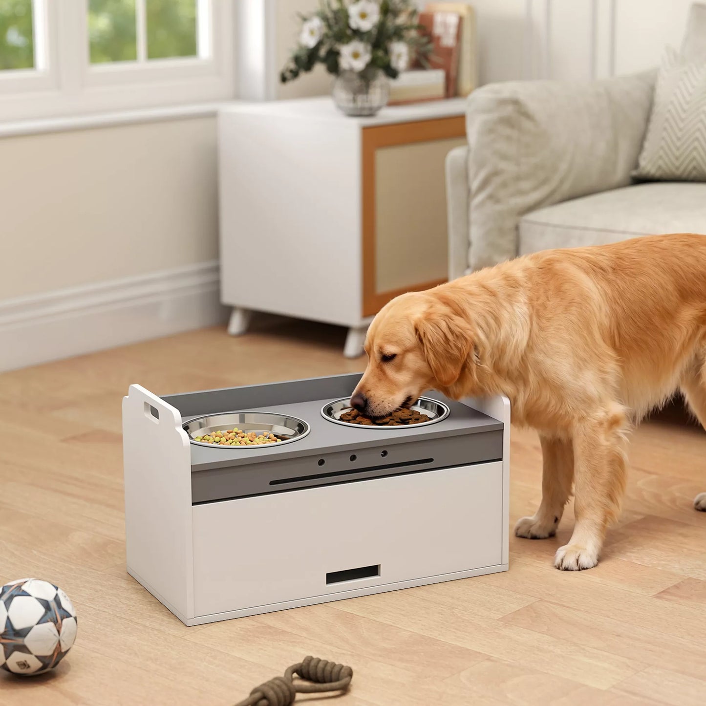 Paaukštintas šunų dubenėlių stovas su daiktų laikymo spintele, šėrykla su dviem dubenėliais, medis ir nerūdijantis plienas, 60 x 30 x 35,5 cm, balta