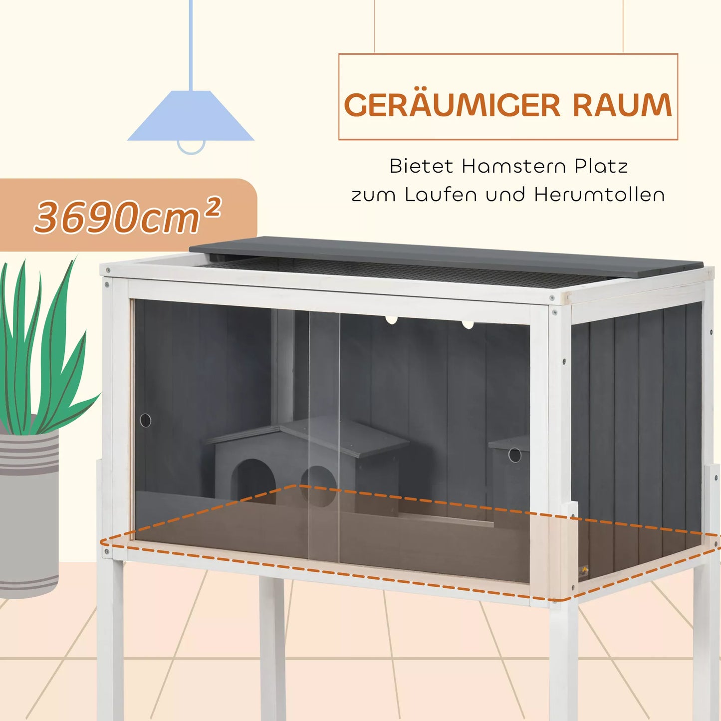 Hamsterio narvas, 3000 cm² nykštukinių žiurkėnų narvas iš medžio ir metalo, su 2 nameliais, akrilo stumdomomis durimis, stabilus, saugus, Pilka+Balta