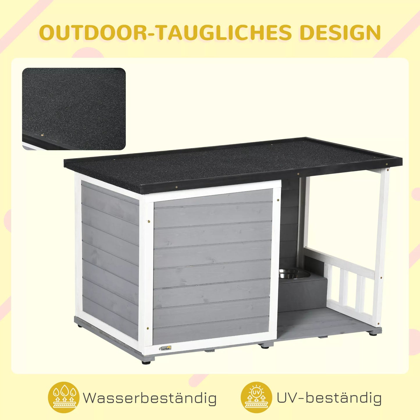 Šunų būda iš medžio masyvo, su 2 lesyklomis, terasa, atspari oro sąlygoms, 103 cm x 62 cm x 66 cm, Pilka + Balta