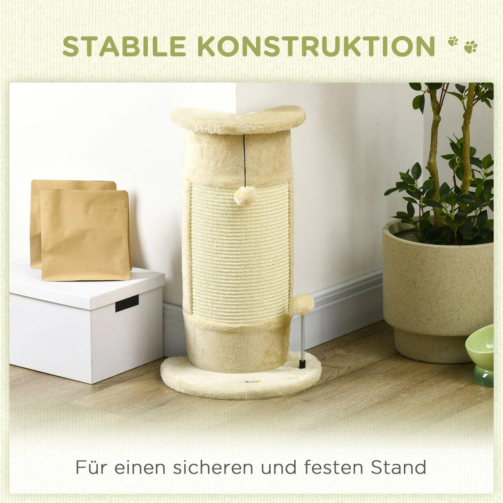 Kaķu skrāpējamais stabs ar rotaļlietām, ieskaitot 2 bumbiņas. Mīksts plīša audums, 34 cm x 25,5 cm x 58 cm, krēmbalts