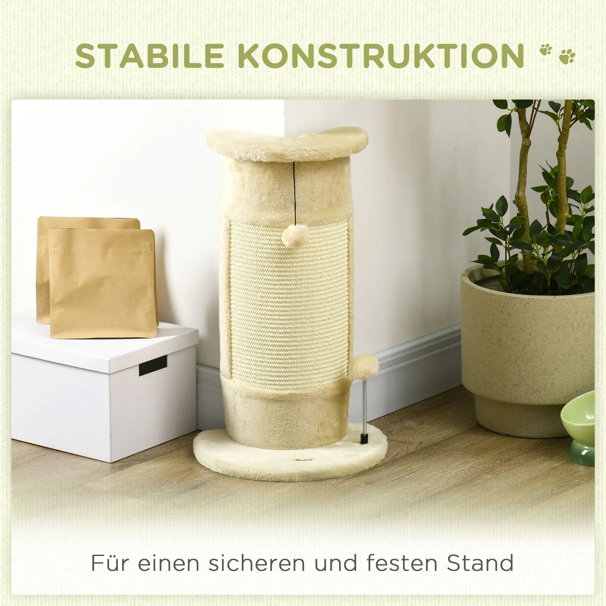 Kaķu skrāpējamais stabs ar rotaļlietām, ieskaitot 2 bumbiņas. Mīksts plīša audums, 34 cm x 25,5 cm x 58 cm, krēmbalts