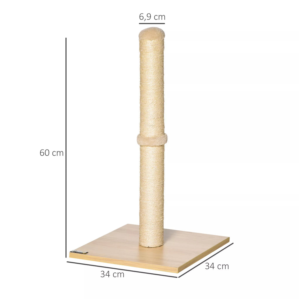 Kaķu skrāpējamais stabs, sizala skrāpējamais stabs, stabils kaķu skrāpējamais stabs, kaķu skrāpējamā rotaļlieta ar bumbu, 60 cm, skaidu plāksne, bēšs sizala + ozols, 34 x 34 x 60 cm