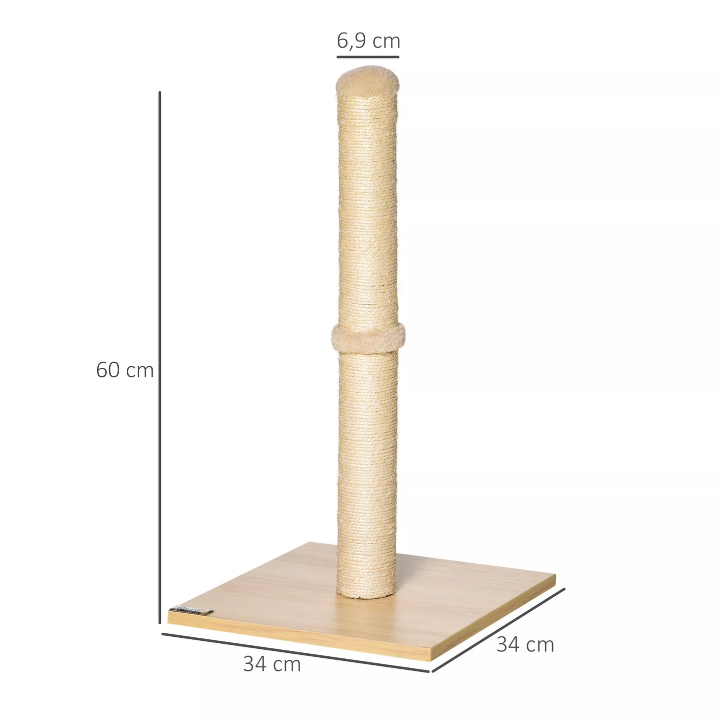 Braižymo stulpas katėms, sizalio draskymo stulpas, stabilus kačių draskytuvas, braižymo žaislas katei su kamuoliu, 60 cm, medžio drožlių plokštė, sizalis smėlio spalvos + ąžuolas, 34 x 34 x 60 cm