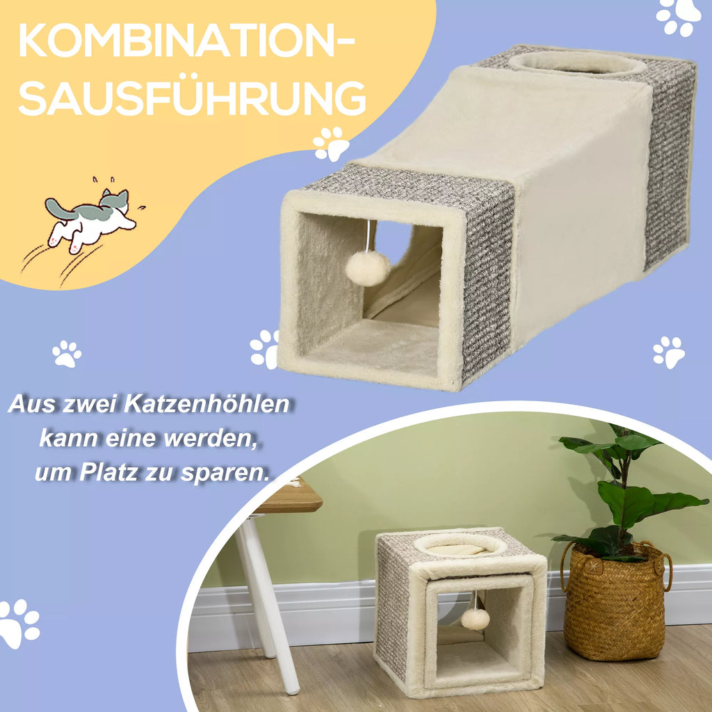 Kaķu tunelis, 2 kaķu mājiņas, skrāpējamās virsmas un bumbiņa, 98 cm x 30 cm x 30 cm, brūns + bēšs