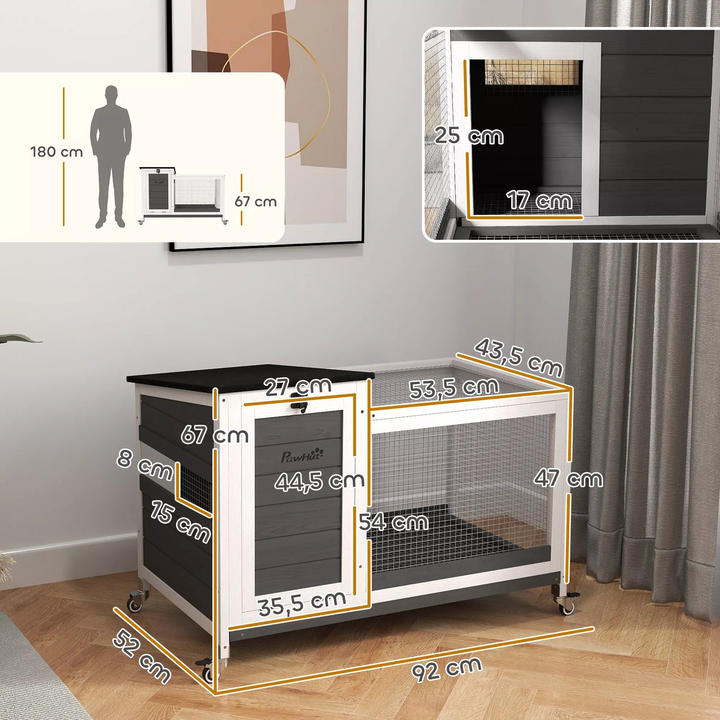 Medinė triušidė su lauko aptvaru, ratukais ir atlenkiamu stogu, skirta naudoti viduje ir lauke, 92 x 52 x 67 cm, tamsiai pilka