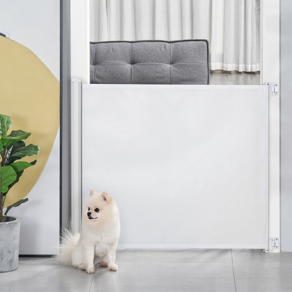 Apsauginiai varteliai laiptams 115 cm šunims, apsauginiai varteliai durims, apsauginė sienelė, ištraukiamas apsauginis roletai laiptams, susukamas roletai, plastikas, baltas