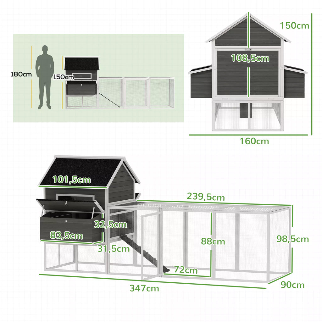 Medinė vištidė su aptvaru, lizdais, asfaltiniu stogu ir ištraukiamu padėklu, 4–6 vištoms, 347 x 160 x 150 cm, tamsiai pilka