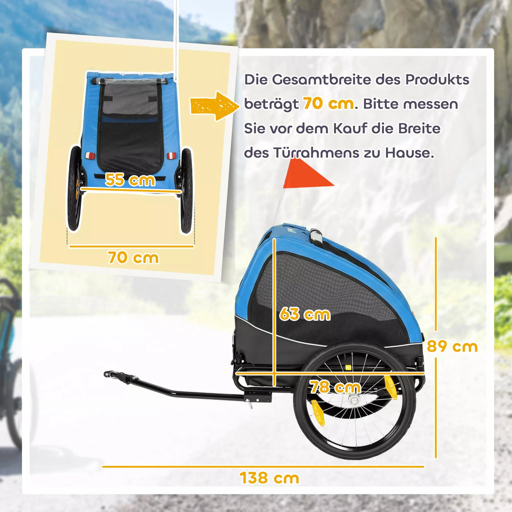Salokāma suņu velosipēda piekabe ar atstarotājiem, sieta logiem, durtiņām un drošības karodziņu, suņiem līdz 20 kg, 138 x 70 x 89 cm, zila