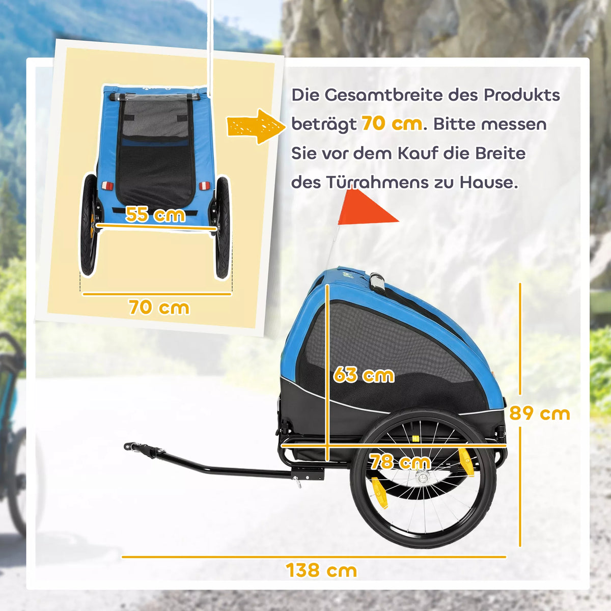 Salokāma suņu velosipēda piekabe ar atstarotājiem, sieta logiem, durtiņām un drošības karodziņu, suņiem līdz 20 kg, 138 x 70 x 89 cm, zila