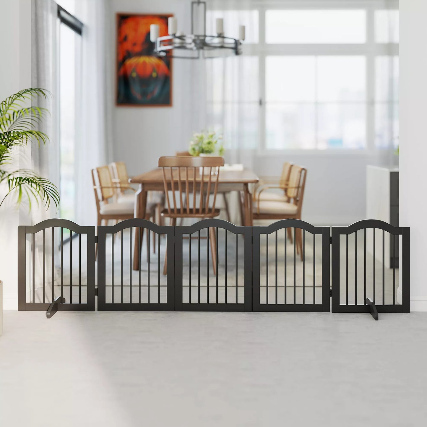 Šunų atitvaras, laisvai pastatomas apsauginis tinklas su kojelėmis, sulankstomas, 5 paneliai, 261,5 x 29,5 x 61 cm, juodas