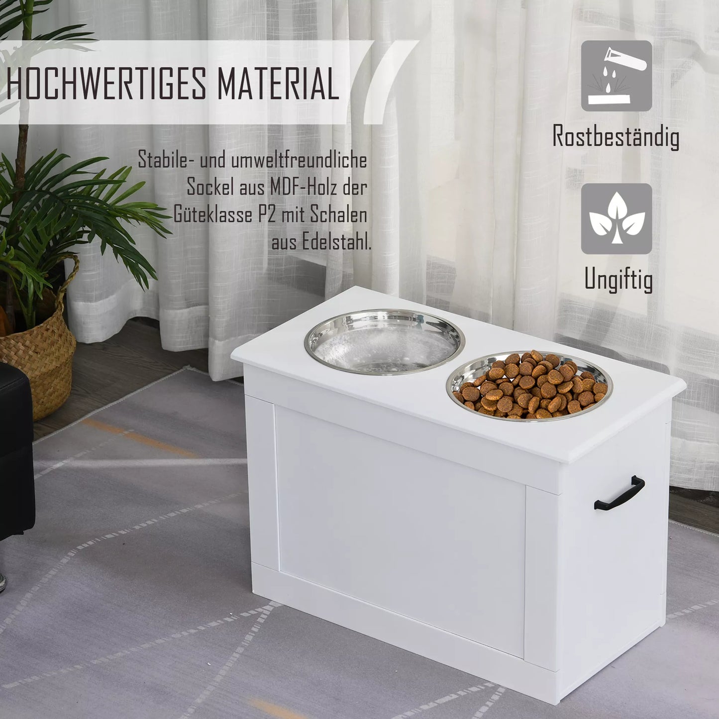 Paaukštintas šunų dubenėlis, maisto dubenėlis su laikymo vieta, vandens dubenėlis, 2 x 2000 ml nerūdijančio plieno dubenėliai, šunų dubenėliai, ėdalo dubenėlis, šėrimo stotelė šunims, katėms, baltas