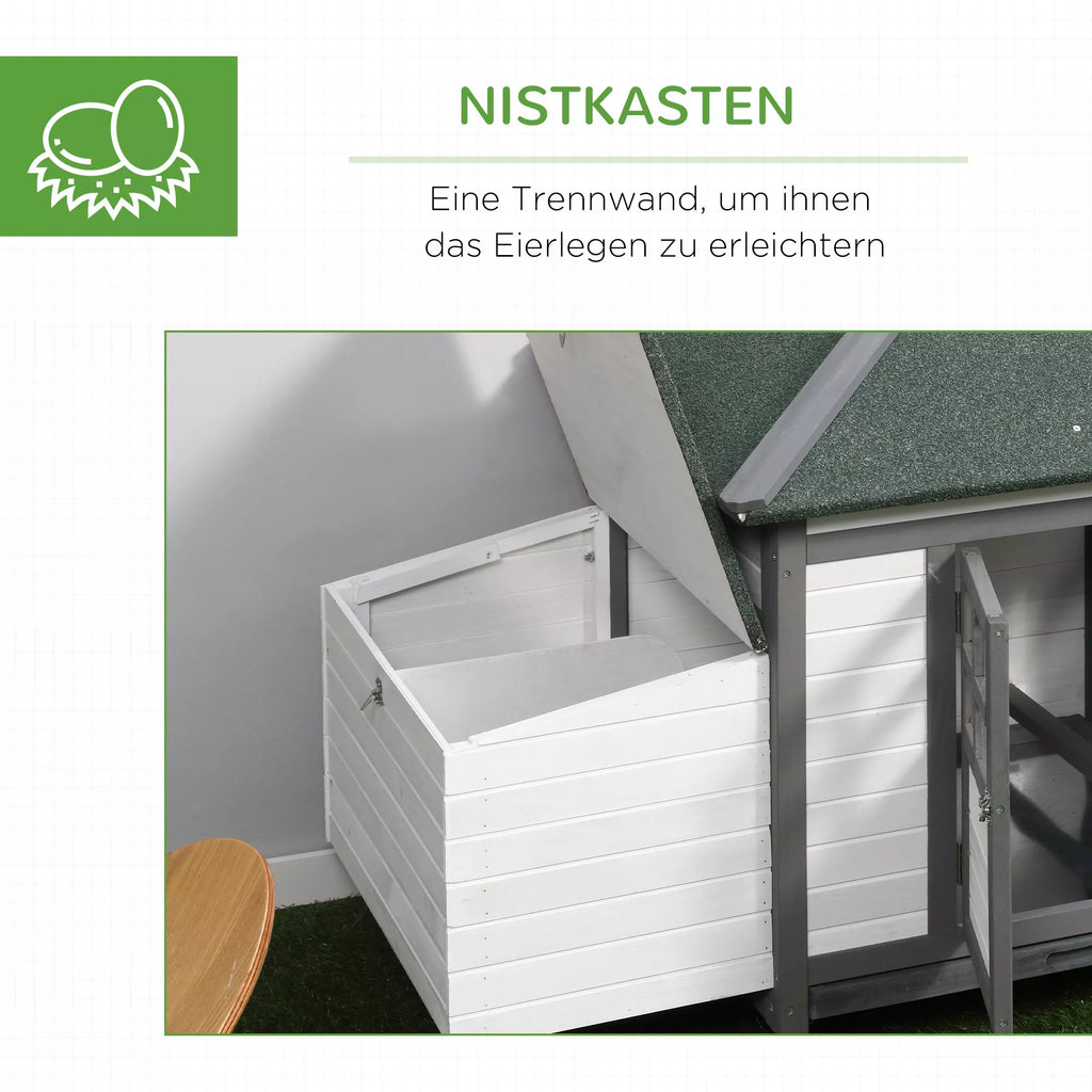 Vistu kūts pundurvistām 196 x 76 x 97 cm Vistu kūts ar ligzdošanas kasti, āra aploks, barotava, koka mājiņa maziem dzīvniekiem, pelēka