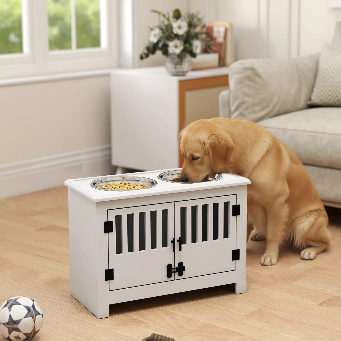 Paaukštinta šėrykla dideliems šunims, 2 nerūdijančio plieno dubenėliai, laikymo vieta, 35,5x60x30 cm, balta