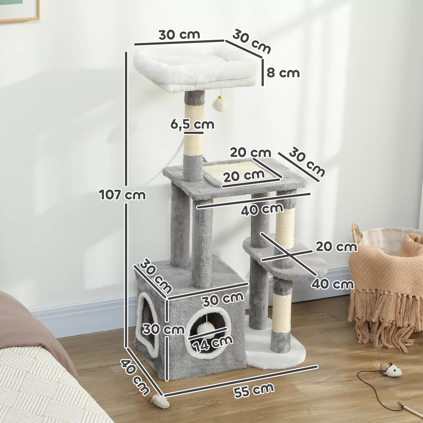 107 cm kačių medis, kačių bokštas su urveliu, 2 pliušiniai kamuoliukai, sisaliniai stiebai, didelė platforma, 55x40x107 cm, pilkos spalvos