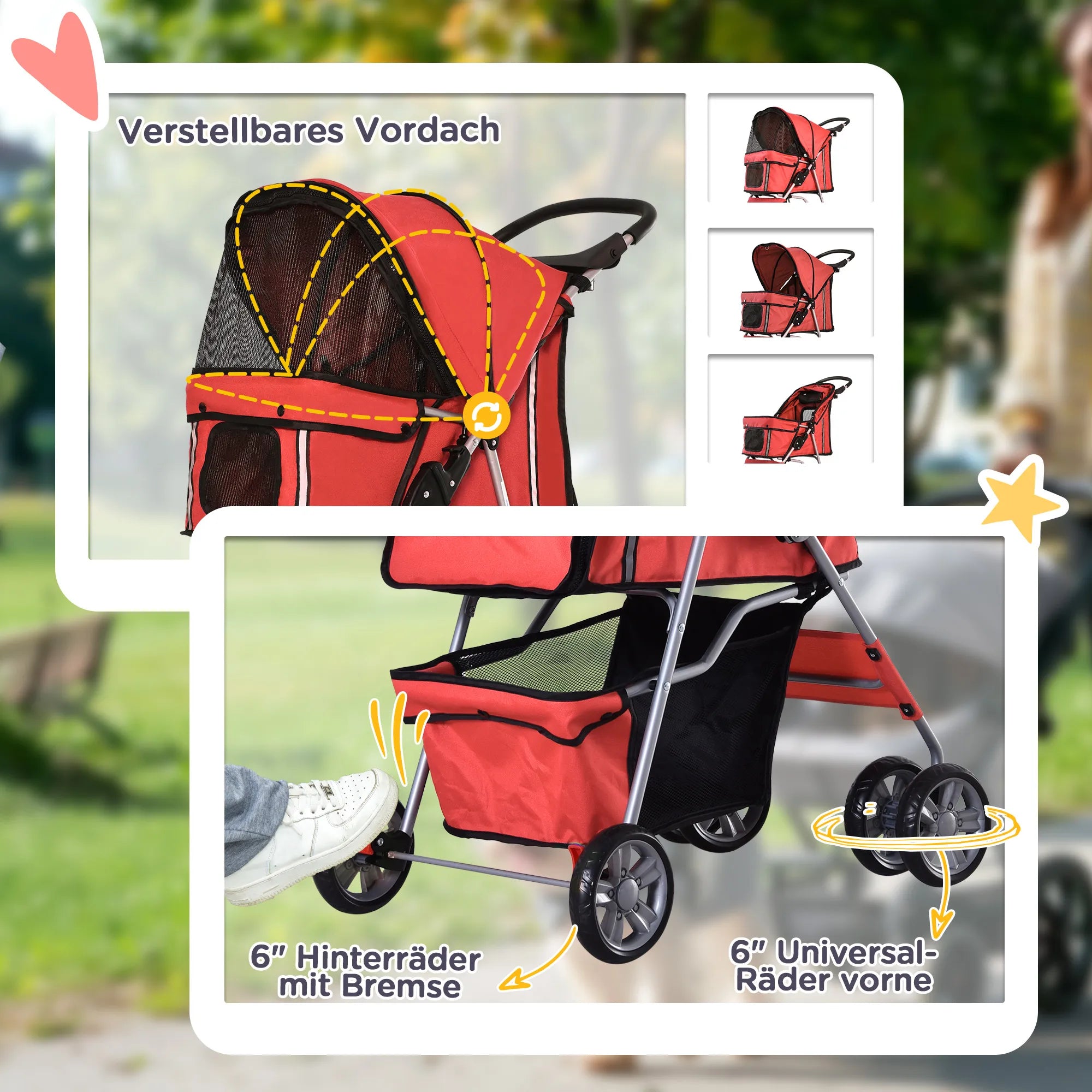 Sulankstomas šunų vežimėlis (trolley) iki 10 kg su puodelio laikikliu ir stogeliu nuo saulės, raudonas