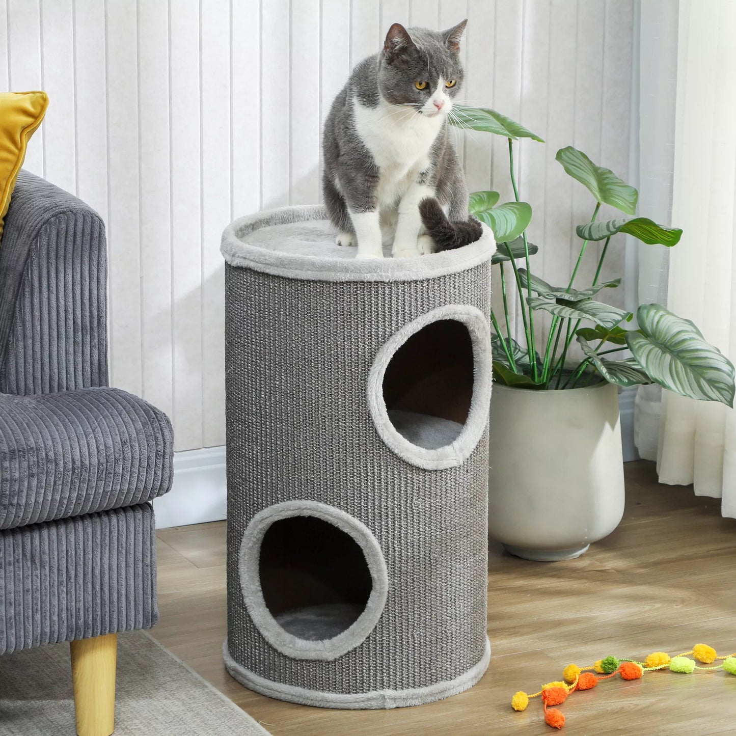 Dviaukštė draskyklė, 60 cm aukščio bokštas su 2 angomis ir pliušiniu kraštu, sizalis ir pliušas, 60x35x35 cm, šviesiai pilka