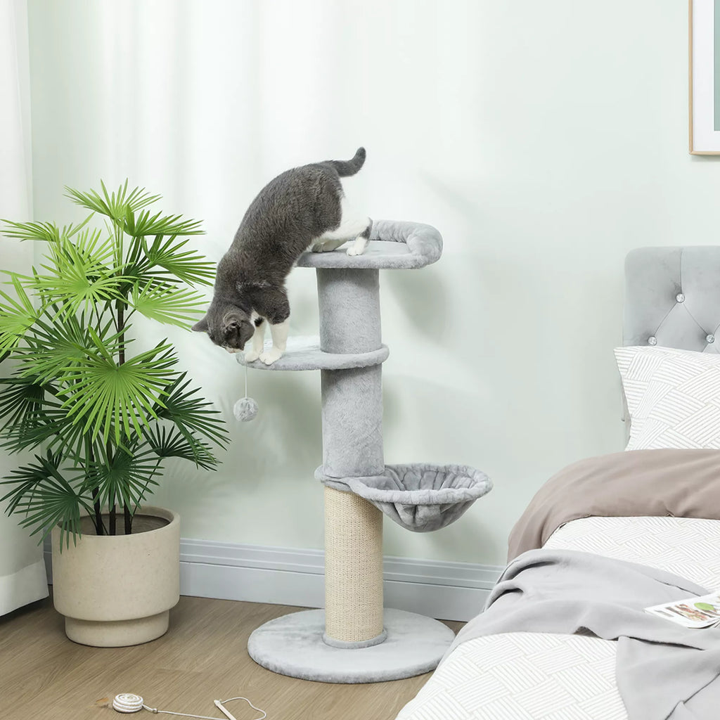 Kaķu skrāpējamais stabs, sizala stabi, daudzlīmeņu, plīša audums, piekarināma bumba, gaiši pelēks