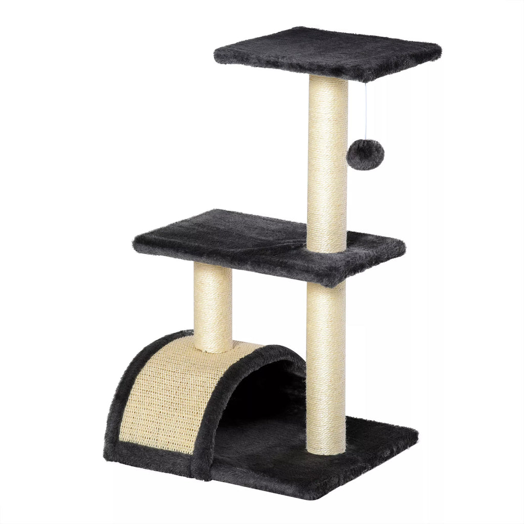 Kačių draskyklė 72 cm Kačių bokštas su pliušiniais kamuoliukais, sizaliniai stiebai, platforma, draskyklė, daugiaaukštė kačių draskyklė, laipiojimo medis, vidutinio dydžio katėms, pilka