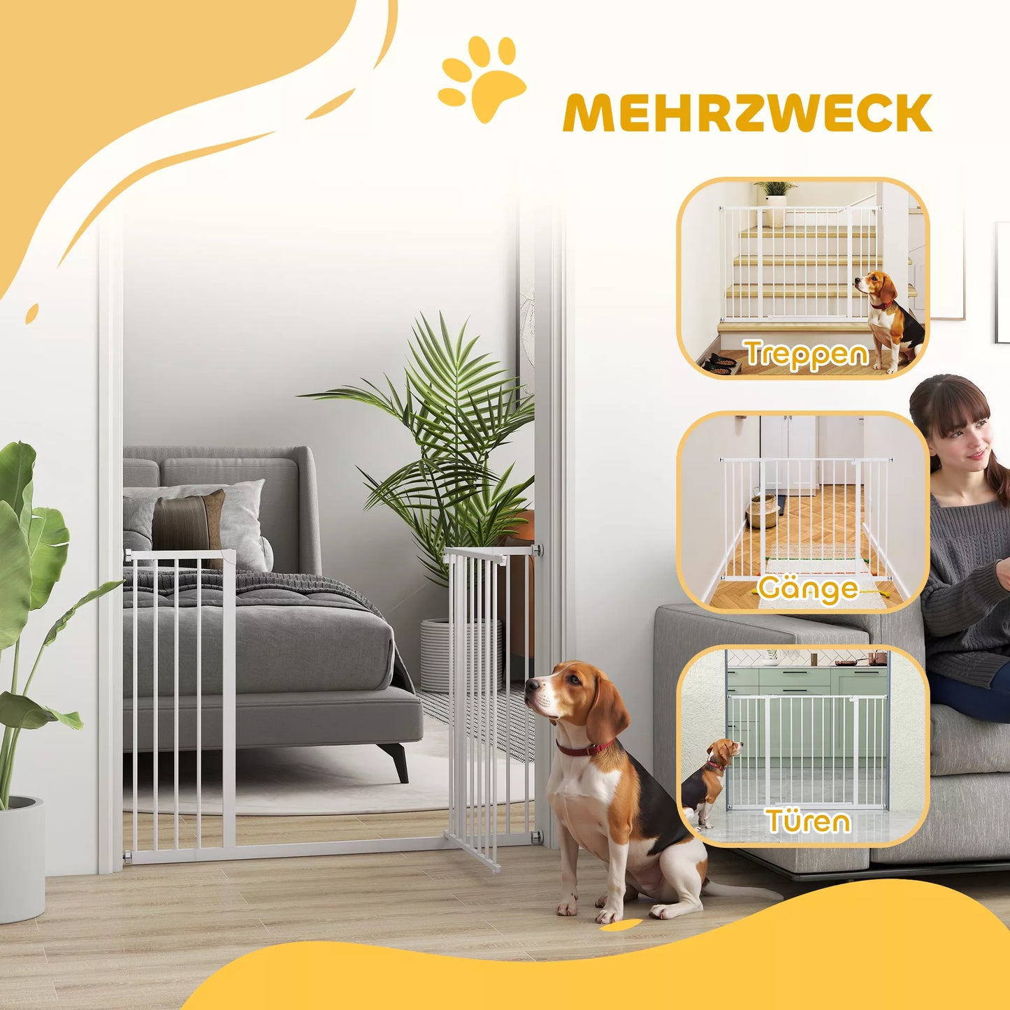 Apsauginiai varteliai durims, laiptų apsauginiai varteliai be gręžimo, atitvaras šunims, apsauginiai varteliai augintiniams, varteliai šunims, tvirtinimas spaustuvu, metalas, baltas, 76-107 x 76 cm