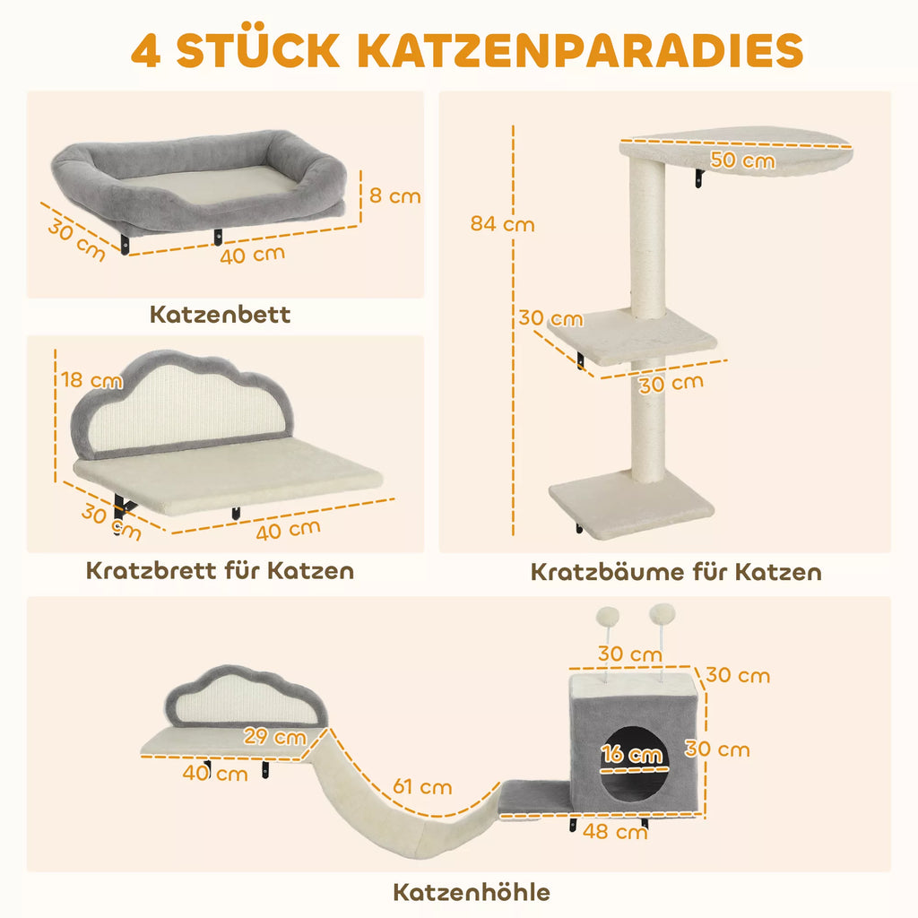 Pie sienas stiprināms kaķu skrāpējamo stabu komplekts ar sizala skrāpējamām virsmām, 4 daļas, 1-3 kaķiem, bēšs