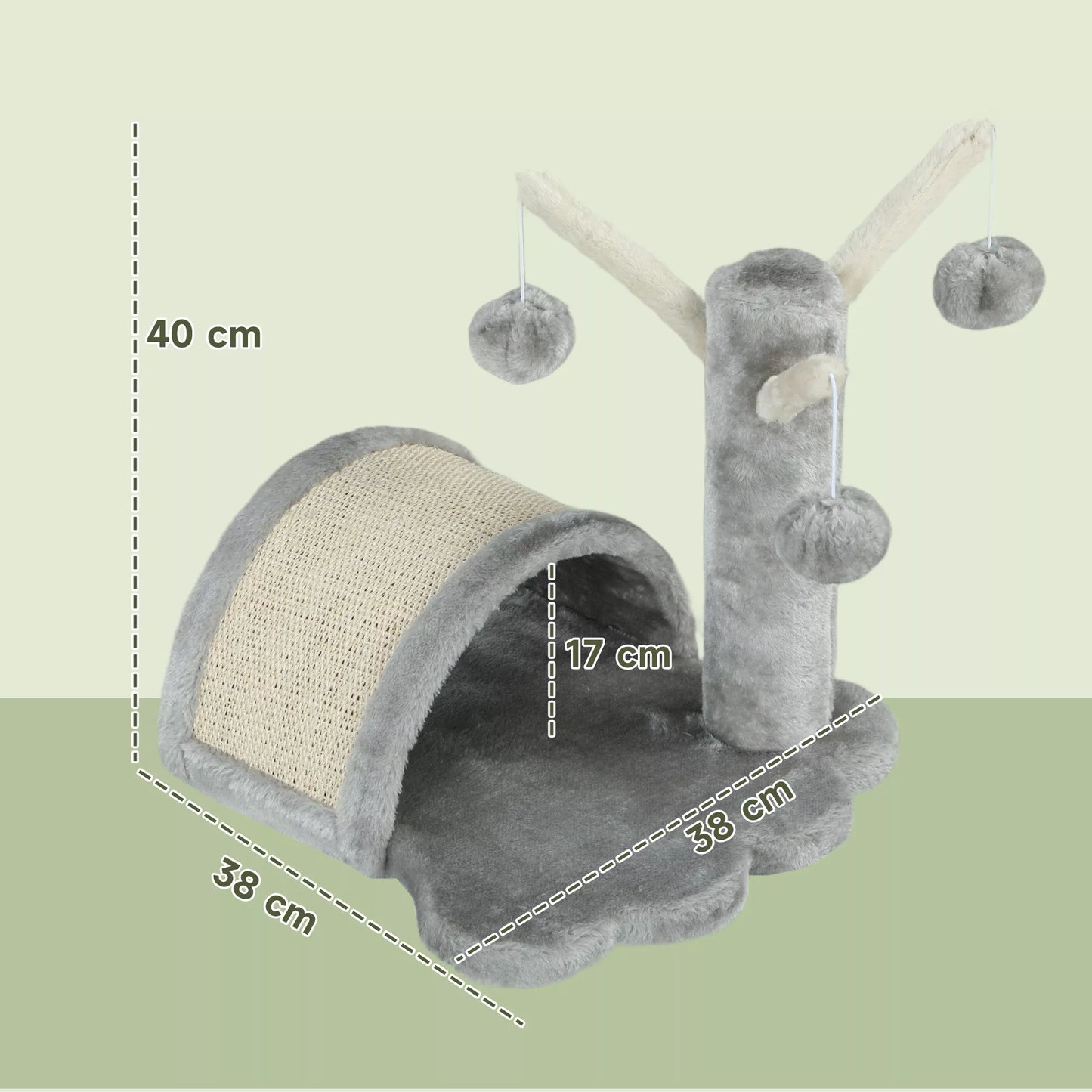 Kačių draskyklė 40 cm Mažas kačių bokštelis su guoliu, 2 žaisliniais kamuoliukais, draskomuoju kilimėliu, kačių laipiojimo medis, mažoms ir didelėms katėms, šviesiai pilkas