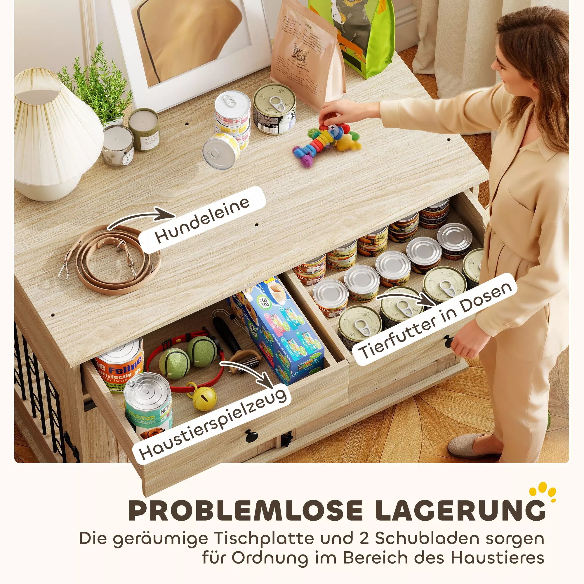 Šunų dėžė su ratukais, 2 durys, 2 stalčiai, vidutinio dydžio ir dideliems šunims, mediena, plienas