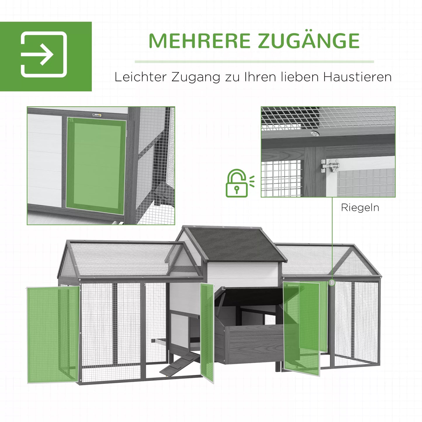 Vištidė smulkių gyvūnų gardas, 2 lauko aptvarai, 1 lizdų dėžė, 2 rampos, asfaltinis stogas, atsparus oro sąlygoms, pilkas