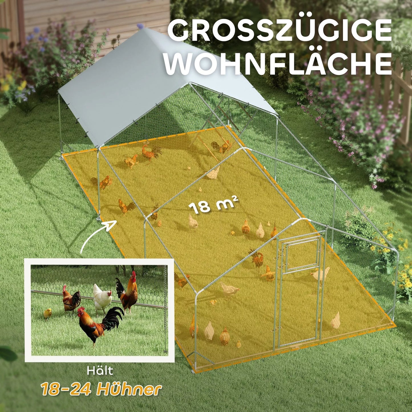 Vištidė, lauko aptvaras vištoms, su UV atsparia danga, plieniniu tinkleliu, lesyklėlė, 18-24 vištoms