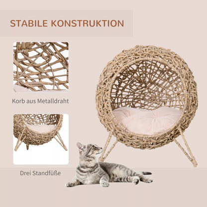 Rattan cat house with cushion, cat sleeping place, cat bed with raised legs, natural, Ø52 x 58 cm