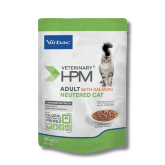 Virbac HPM G1 Adult Salmon Neutered Cat salmon chunks in gravy konservai katėms sterilizuotoms ir nesterilizuotoms katėms 12x85g