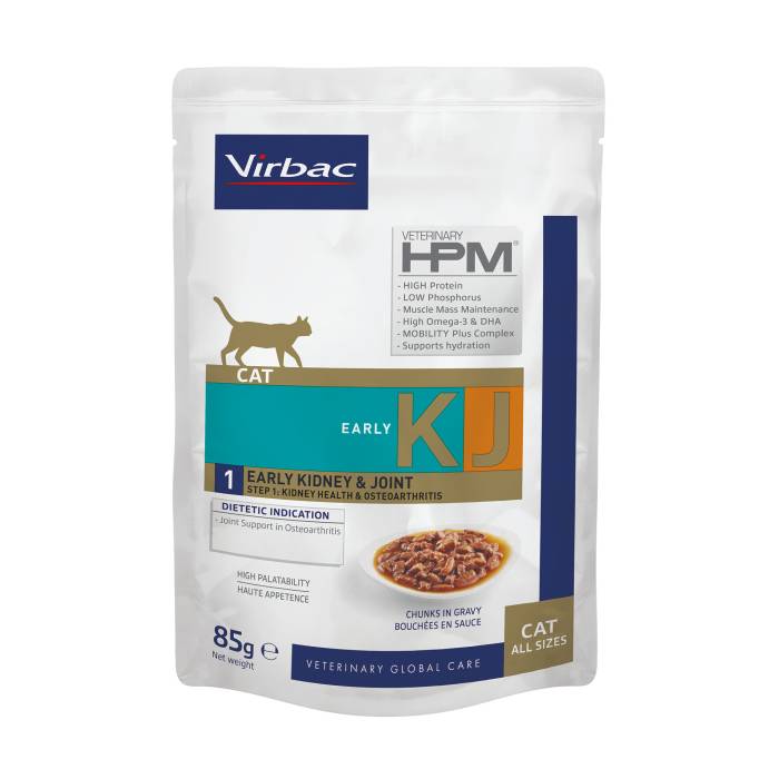 Virbac HPM KJ1 Early Kidney & Joint Cat drėgnas maistas katėms, skirtas inkstų funkcijų palaikymui sergant osteoartritu, 12x85 g