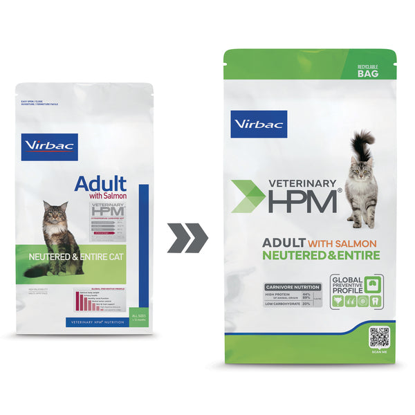 Virbac Veterinary HPM Adult Salmon Neutered & Entire Cat visavertis sausas pašaras sterilizuotoms ir nesterilizuotoms katėms naujas dizainas