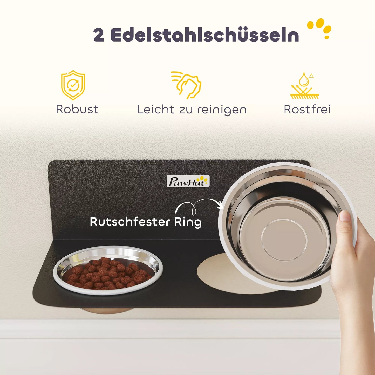 Šunų dubuo, reguliuojamo aukščio, sieninis dubuo su 2 x 800 ml nerūdijančio plieno dubenėliais, 42 x 23,5 x 14 cm, juodos spalvos