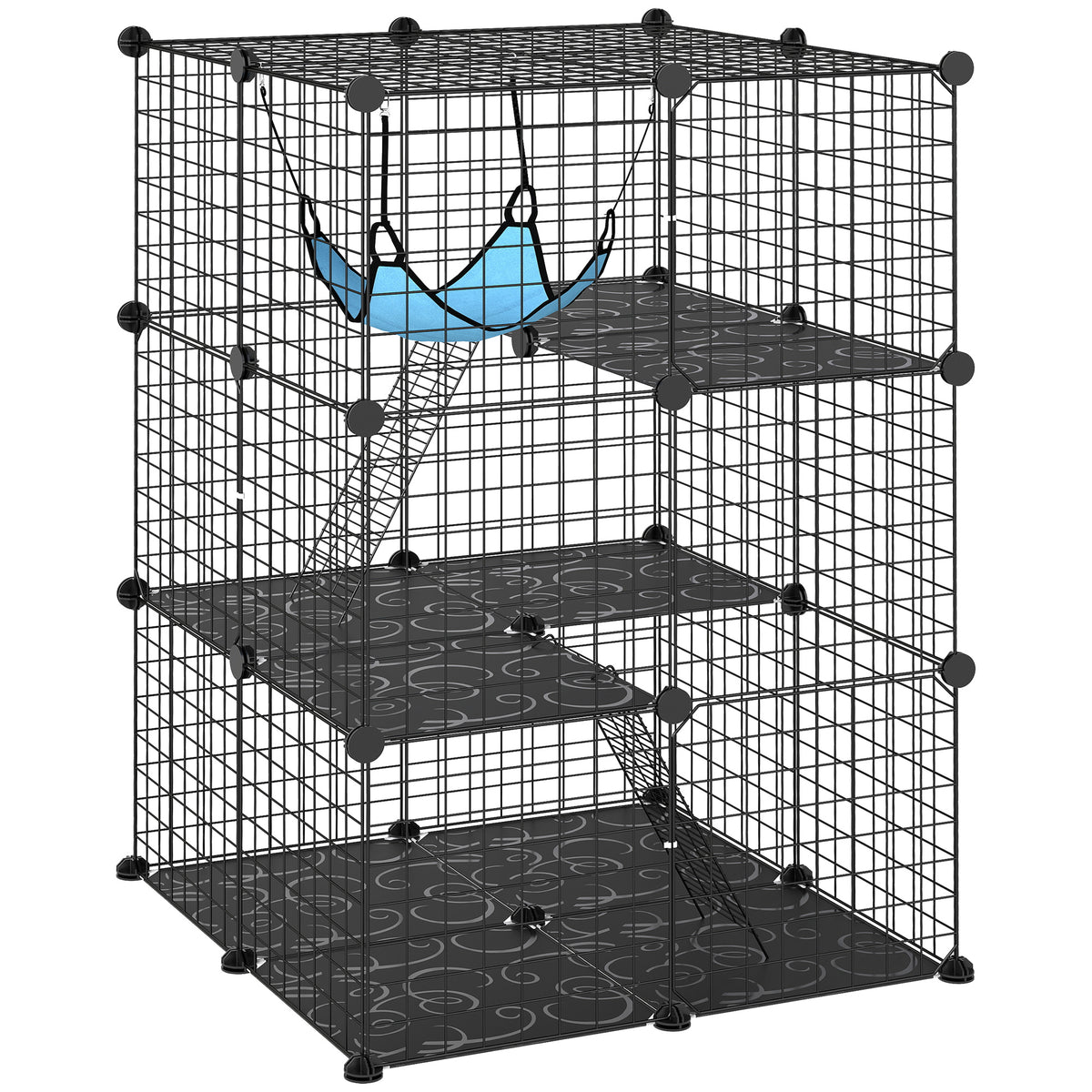 Narvas katėms 70x70x105 cm, modulinis, su platformomis, kopėtėlėmis ir hamaku, kačiukams iki 4 kg, juodas