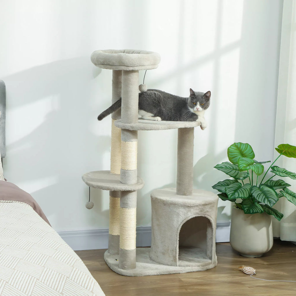 Kaķu māja 114 cm, kaķu tornis ar gultu, sizala stabi, platforma, daudzlīmeņu vidēja lieluma kaķiem līdz 6 kg, gaiši pelēka