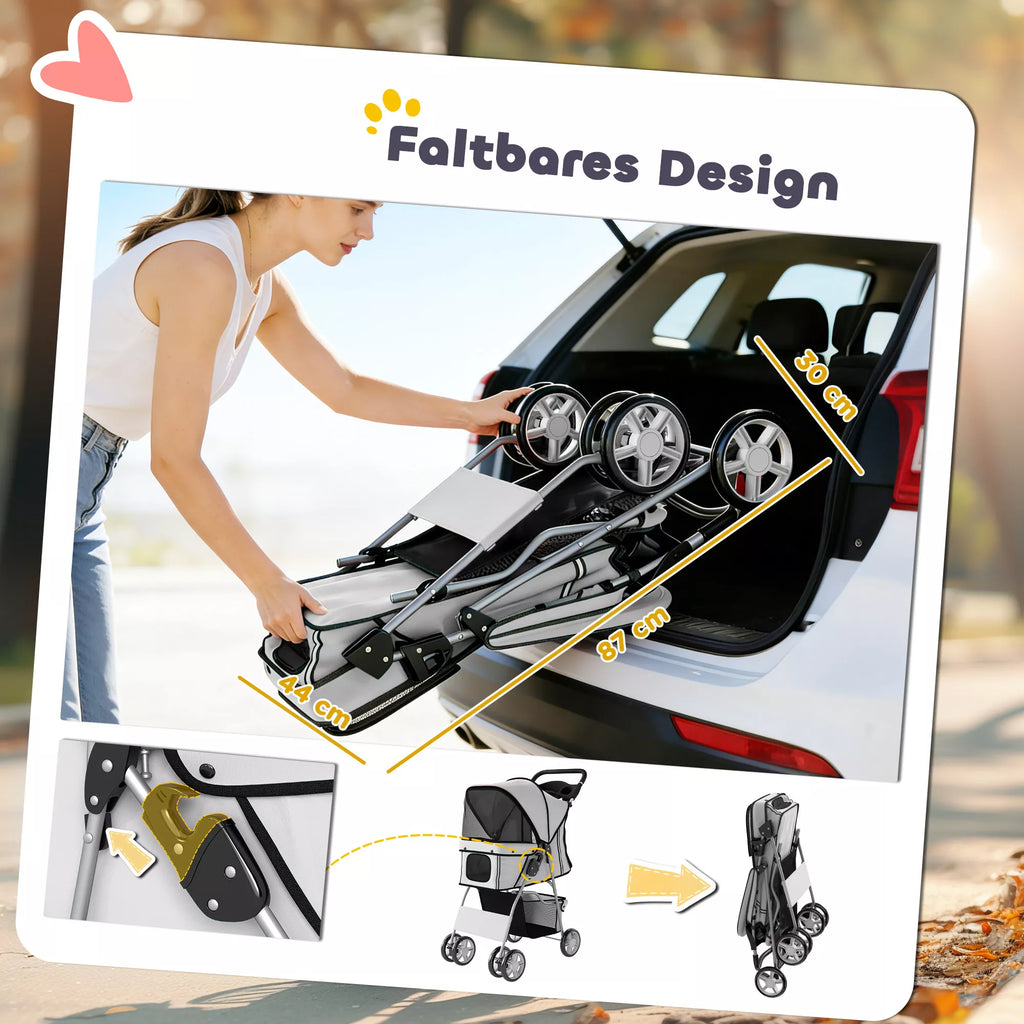 Šunų vežimėlis Šunų vežimėlis Sulankstomas kačių vežimėlis iki 10 kg su lietaus apsauga Atspindinčios juostos Laikymo krepšys 77x44x102 cm Pilkos spalvos