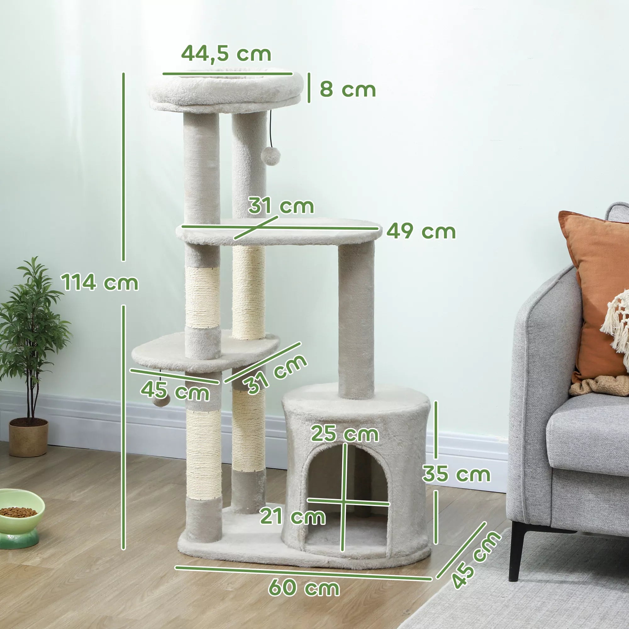Kaķu māja 114 cm, kaķu tornis ar gultu, sizala stabi, platforma, daudzlīmeņu vidēja lieluma kaķiem līdz 6 kg, gaiši pelēka