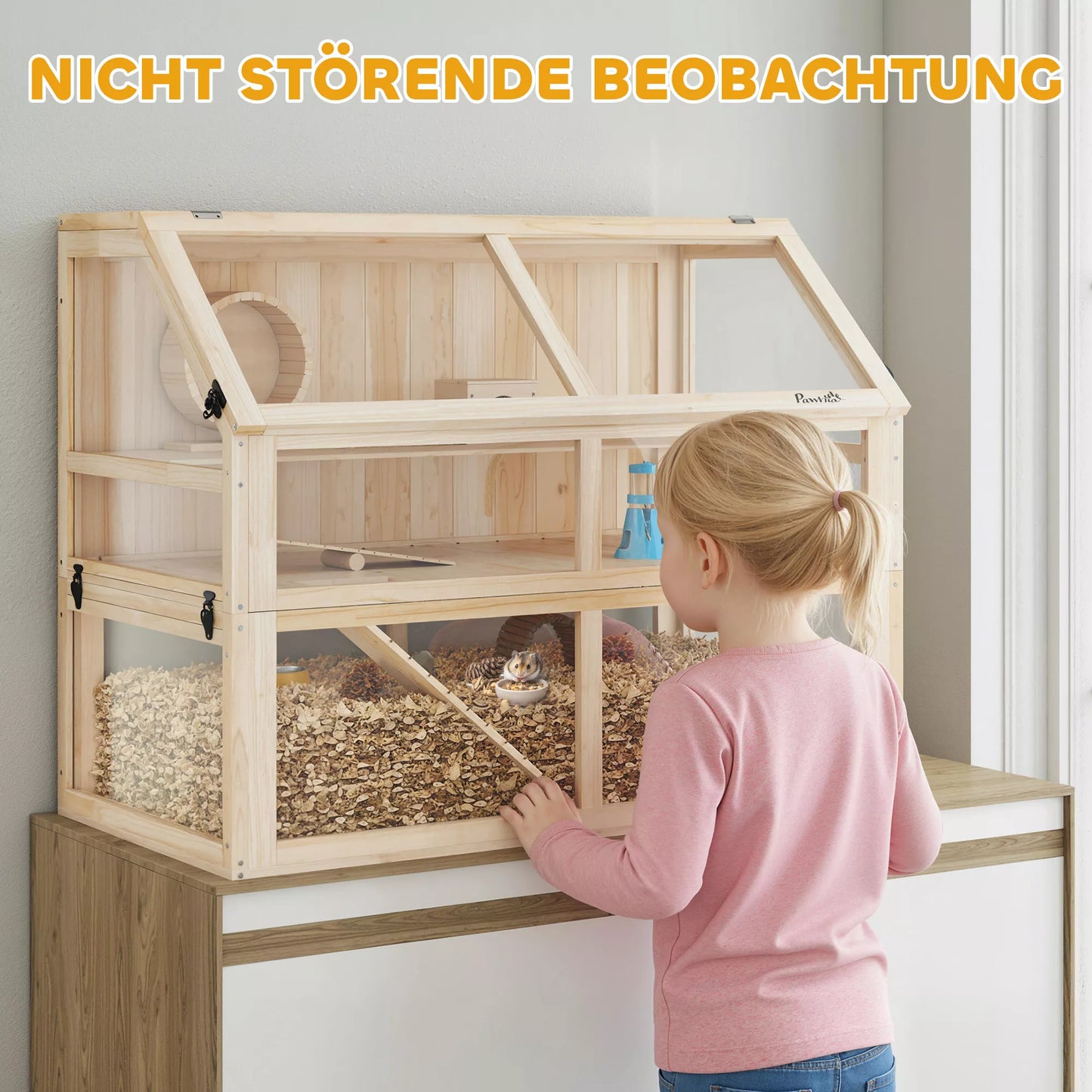 Medinis žiurkėnų narvas, 3 aukštų graužikų namelis su sūpynėmis bėgimo rateliu ir namuku, pušies mediena, 95x53x76 cm, natūrali mediena